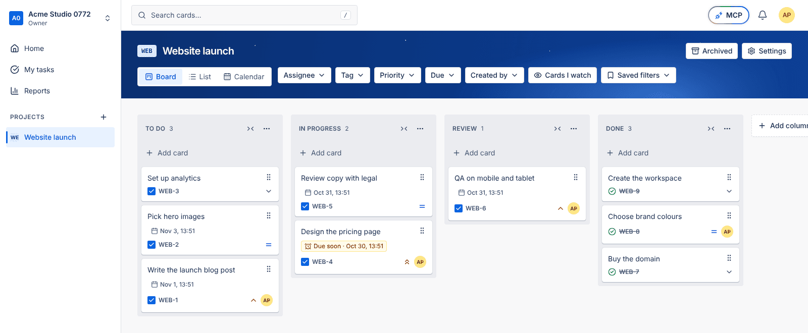 A Planpad board with To do, In progress, Review and Done columns full of cards